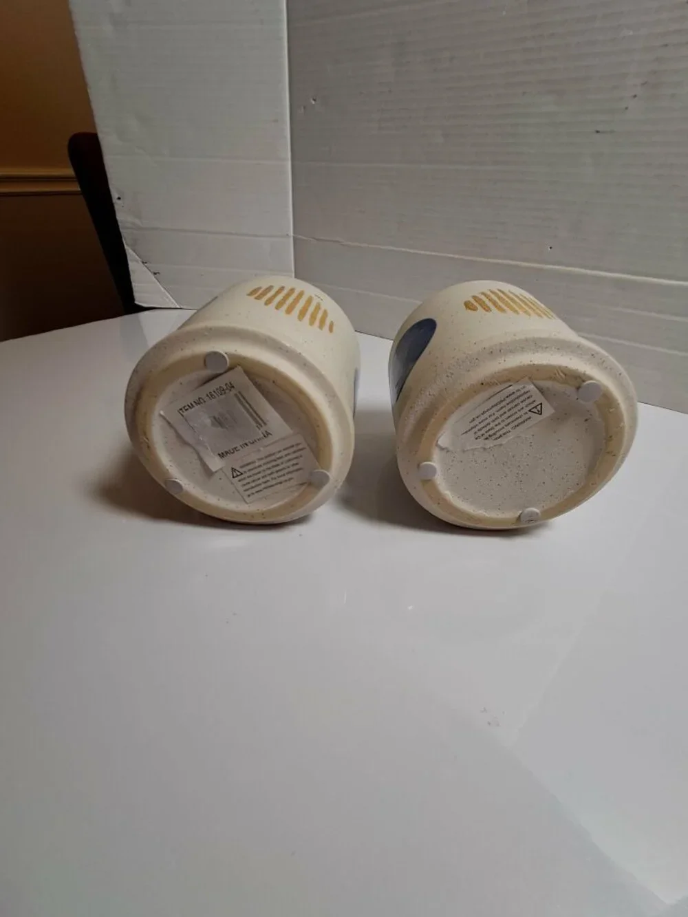 2 Pc Beige Ceramic Vases Blue Gold Speckled Set
